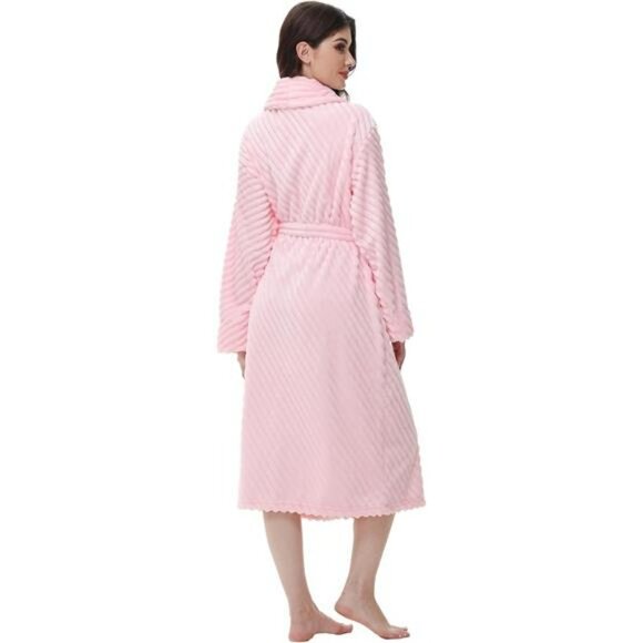 Womens Long Fleece Robe Soft Plush Bathrobe with Pockets Warm Cozy Sleepwear - Picture 2 of 6